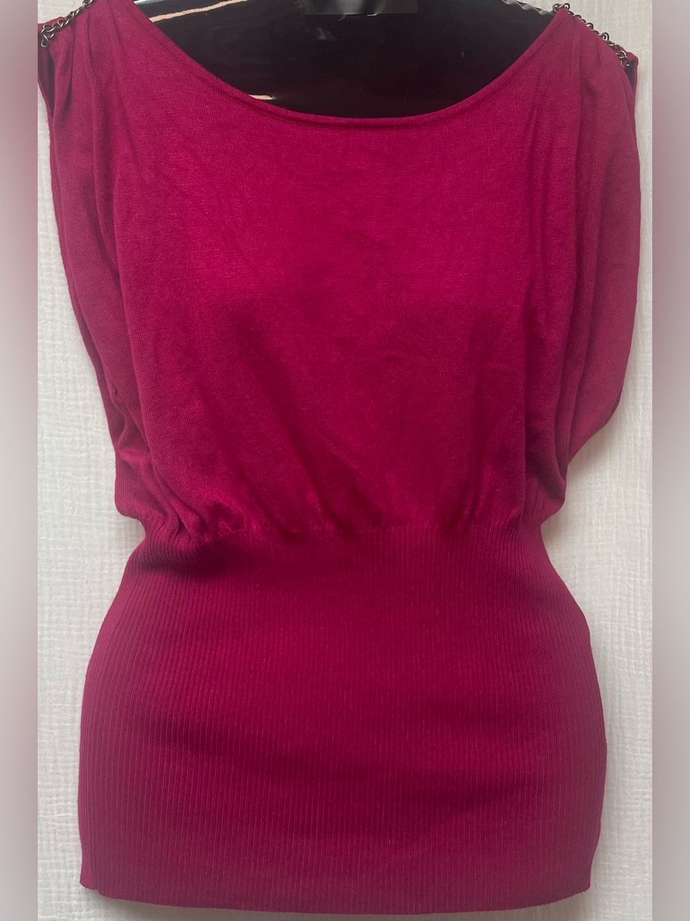 Bisou Bisou Raspberry Knit Top with Ruched/Chained Tank Shoulders, Sz: L